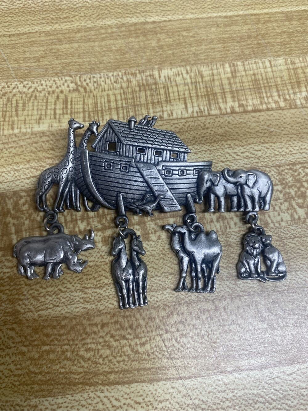 Vintage Signed J.J Jonette Noah's Ark Pin Brooch Dangle Animal Charms Pewter